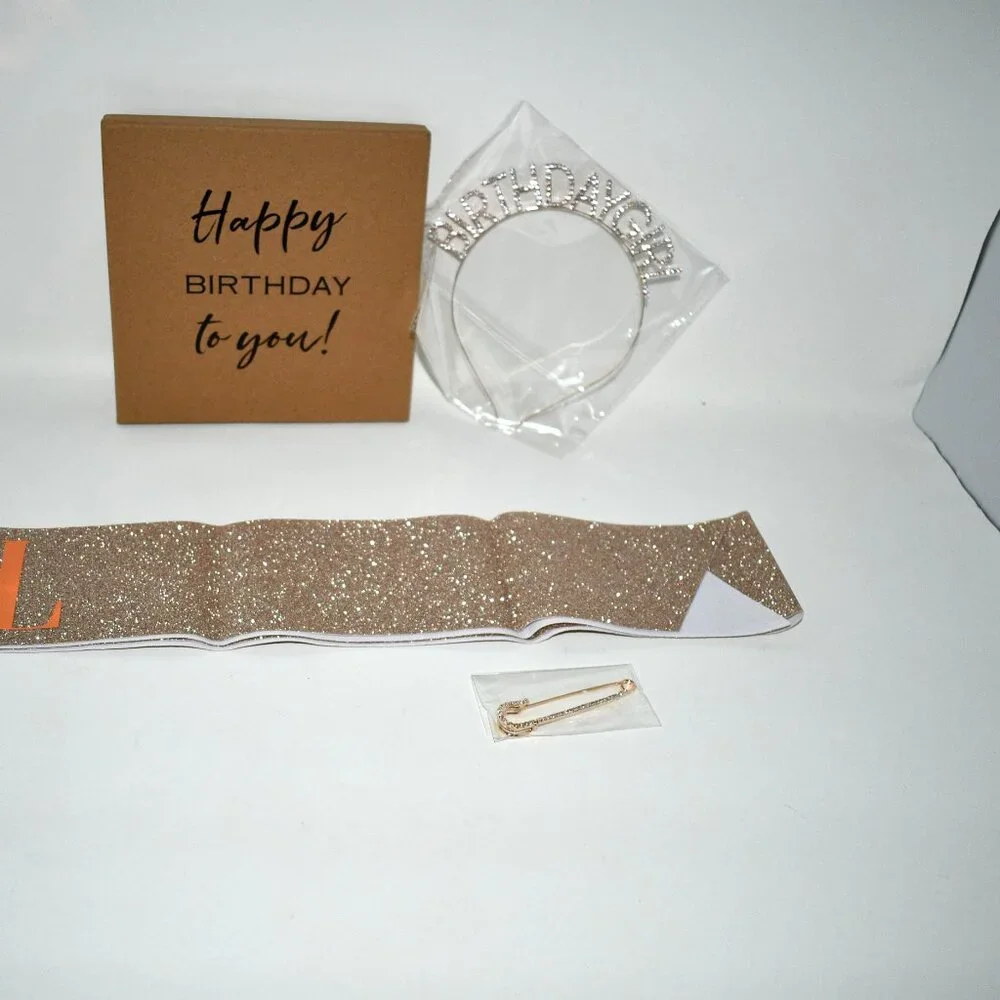 ADBetty Birthday Girl Sash & Rhinestone Headband Set – Rose Gold Glitter, NWT